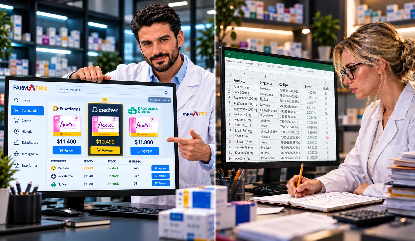 Avatar QF mostrando Farmatrix al frente y una química farmacéutica cotizando en Excel y anotando con lápiz
